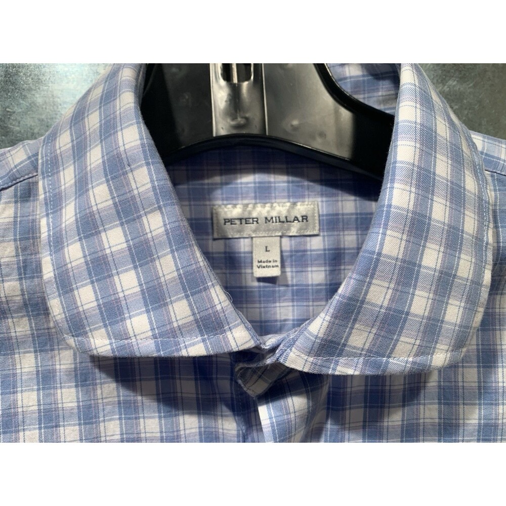 Peter Millar Spread Collar Blue/Pink/White Check Plaid 100% Cotton Large 16 1/2